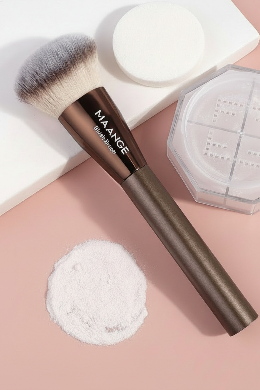MAANGE blush brush with powder on cool-toned pink background