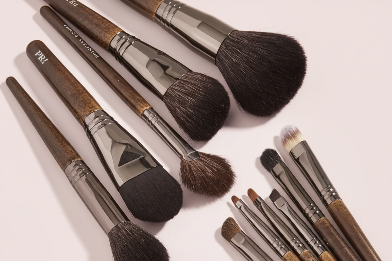 Makeup brushes with light pink background