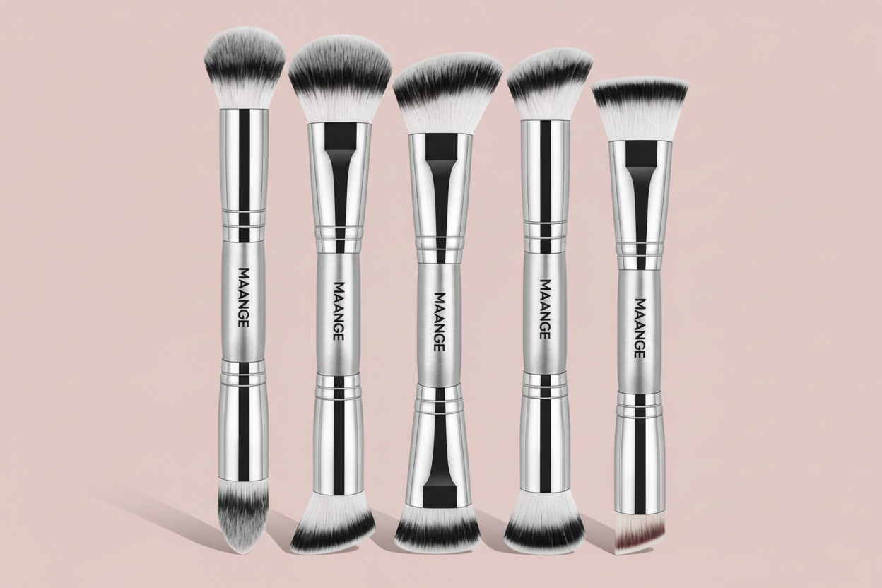 Five silver MAANGE brushes standing - pink background