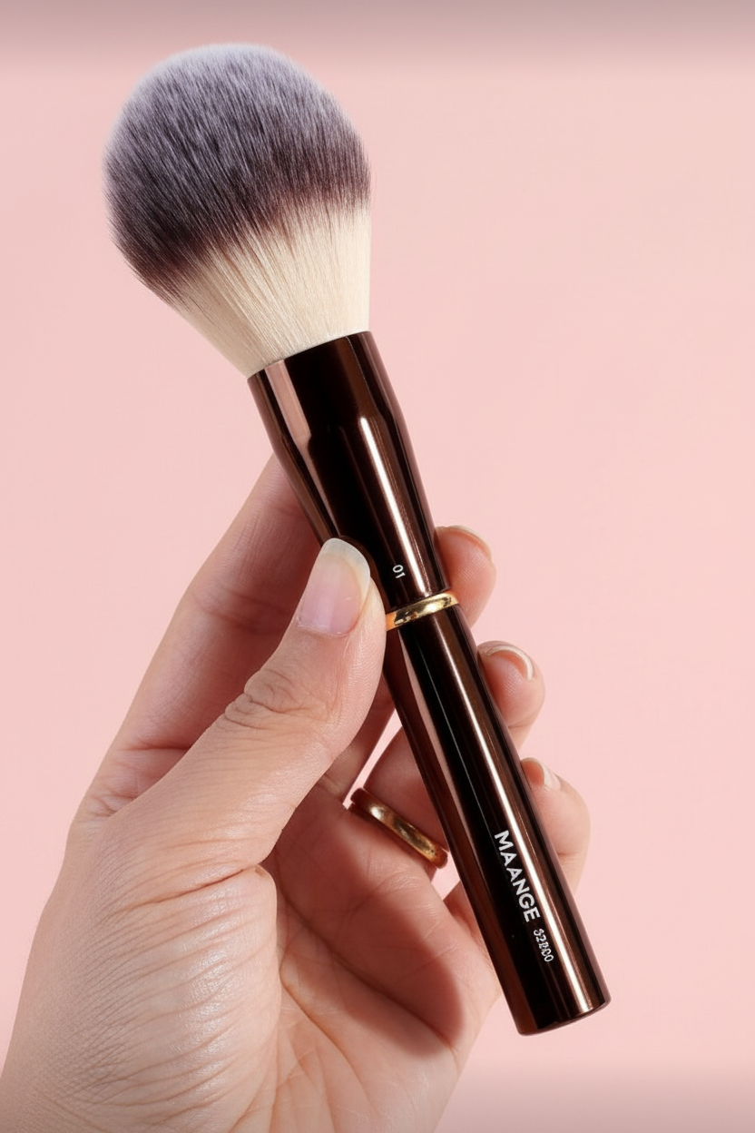 MAANCE brush held in tan hand on soft pink background