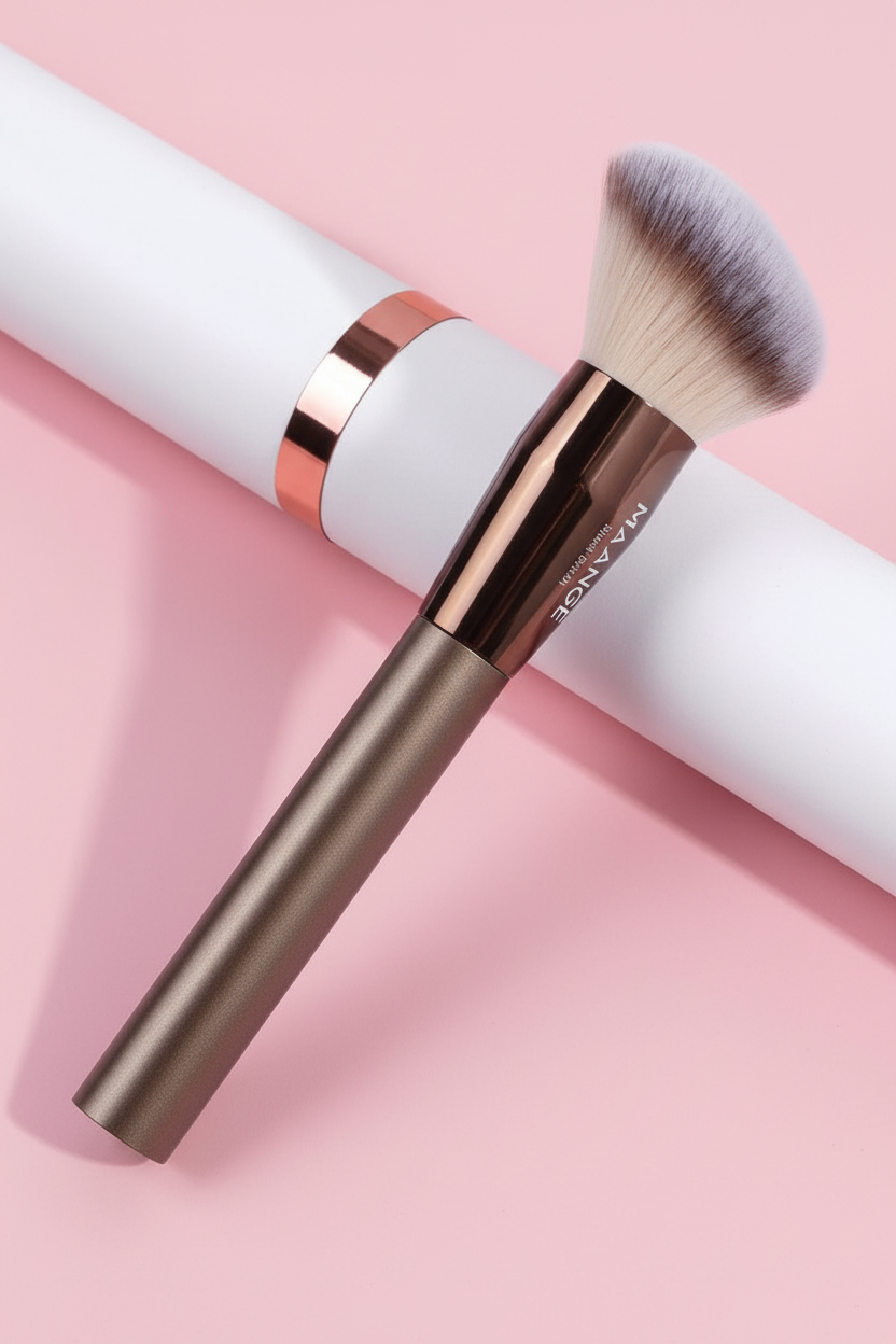 MAANGE contour brush with white container on soft pink background