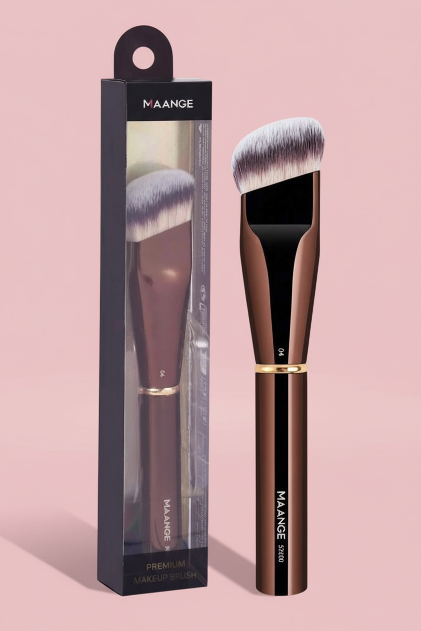 MAANGE foundation brush with packaging on soft pink background