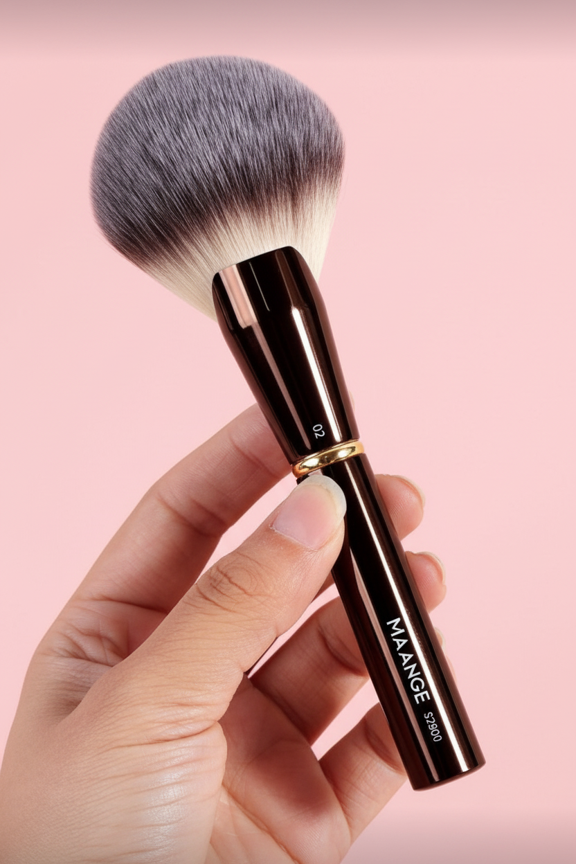 MAANGE powder brush held in tan hand on soft pink background