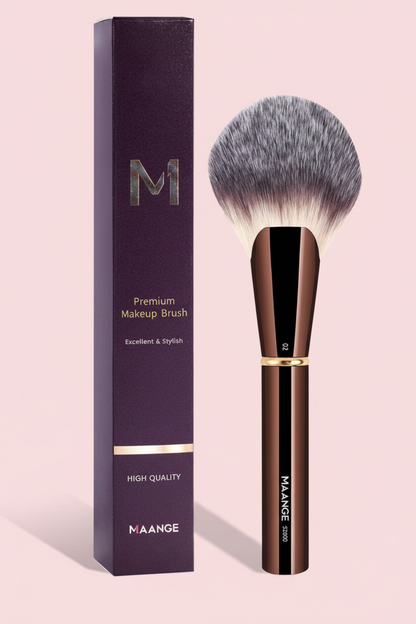 MAANGE powder brush with purple packaging on soft pink background
