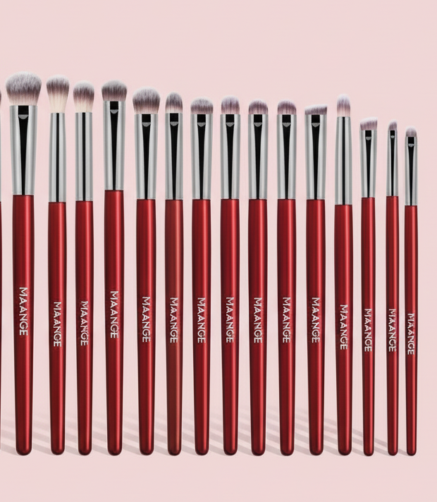 Makeup brush set on pink background
