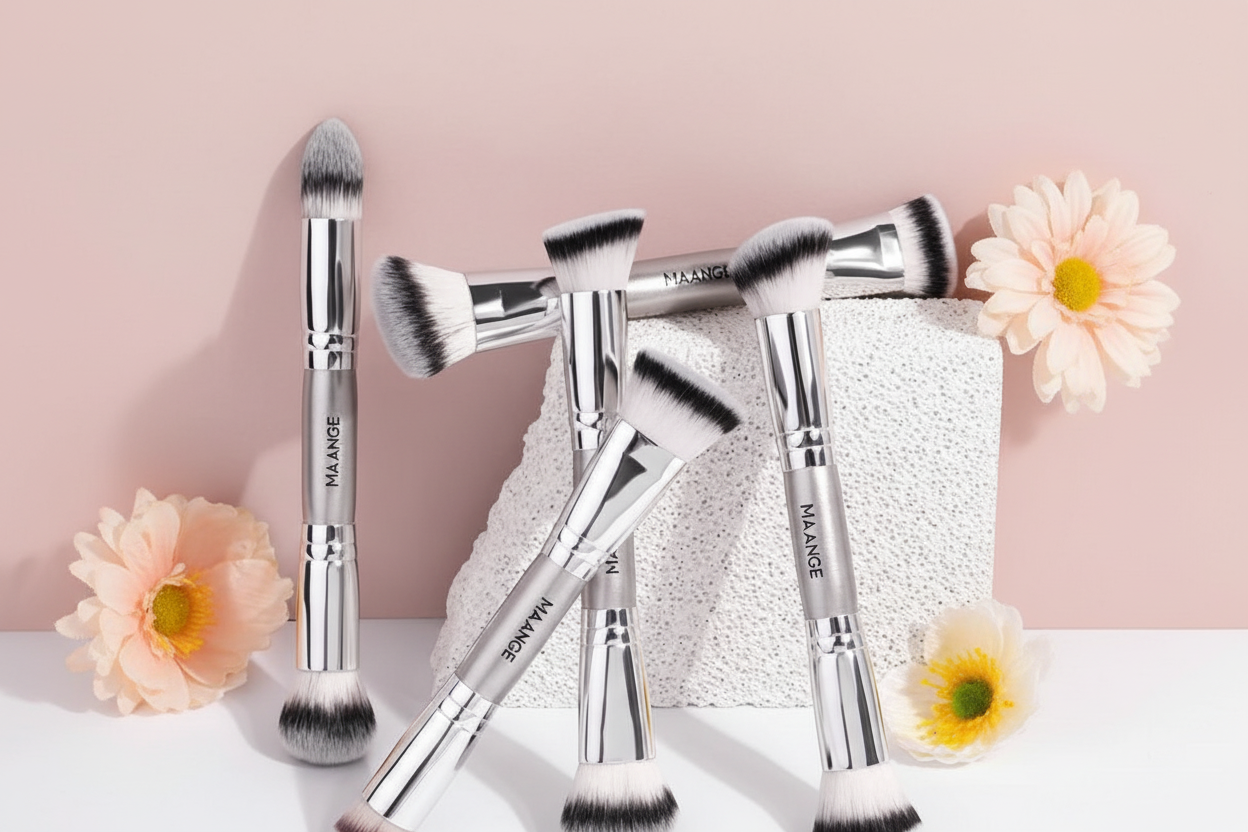 Silver MAANGE brushes with white blocks and flowers - pink background