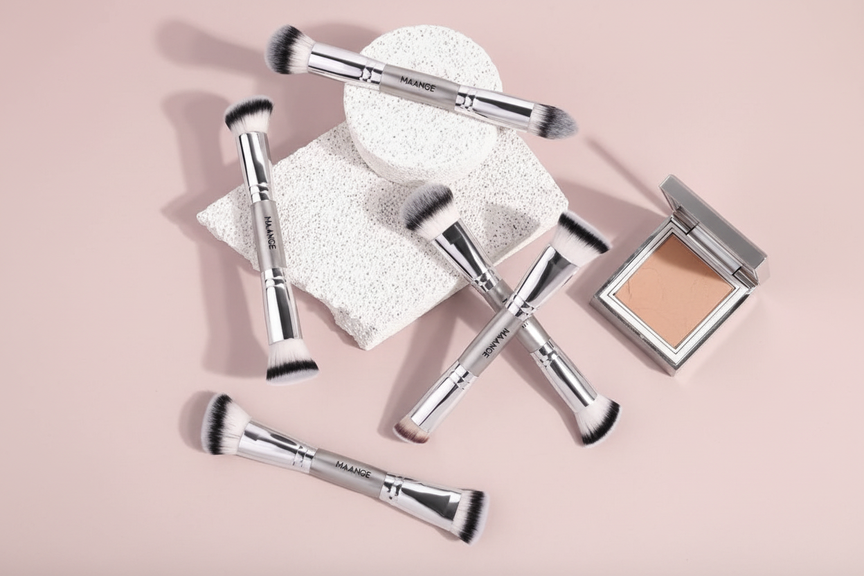 Silver MAANGE brushes with white blocks - pink background