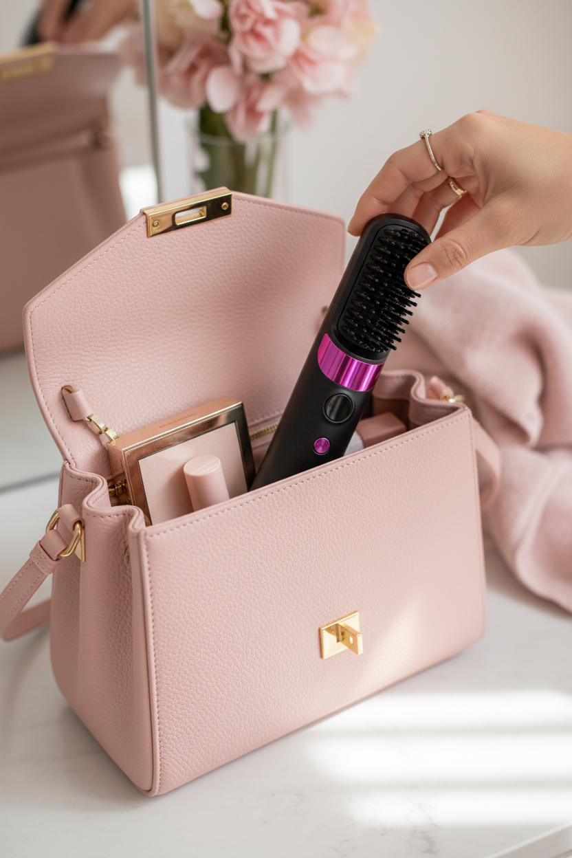 Woman placing cordless brush into handbag